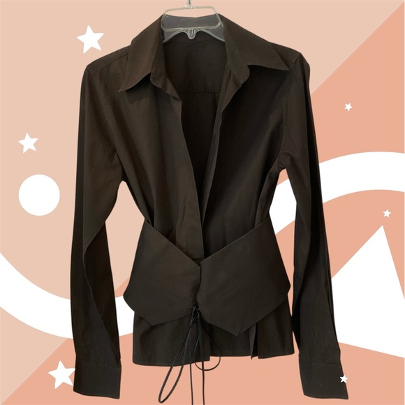 Gucci Brown Cotton Wrap Blouse with Wide Belt with leather tie Sz 44 / US Sz 8